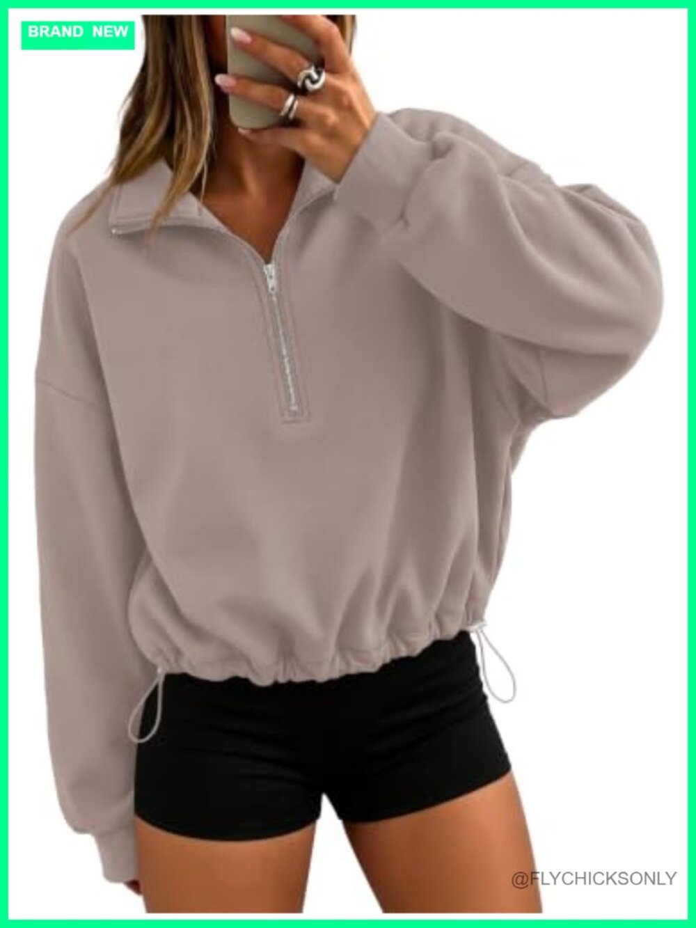 Quarter Zip Crop Pullover Cinchable Hem Fleece Sweatshirt
